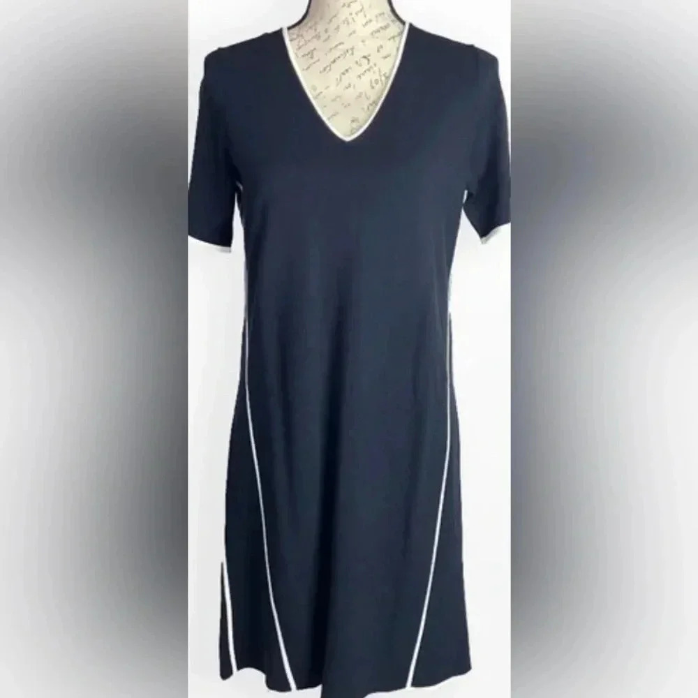 Etcetera Navy Blue Short Sleeve Knit Sporty Mini‎ Dress White Trim Sz Small EUC